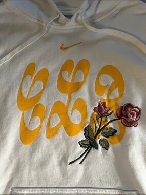 Nike X Drake White Hoodie w Kangaroo Pocket CLB Graphic & Pink Rose Embroidery